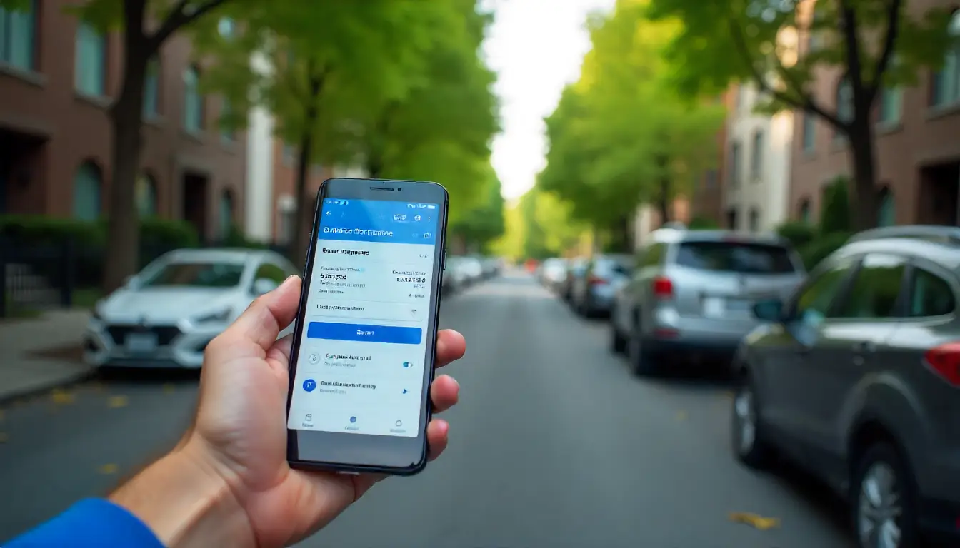 Modern American suburban street, parked sedan and SUV, smartphone showing car insurance ap