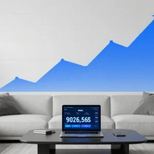 Modern house with financial charts rising, laptop showing mortgage rates comparison,