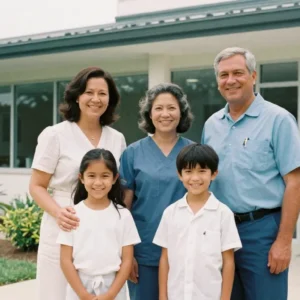 a smiling American family with children standing outside a modern medical clinic, natural daylight, professional photography,