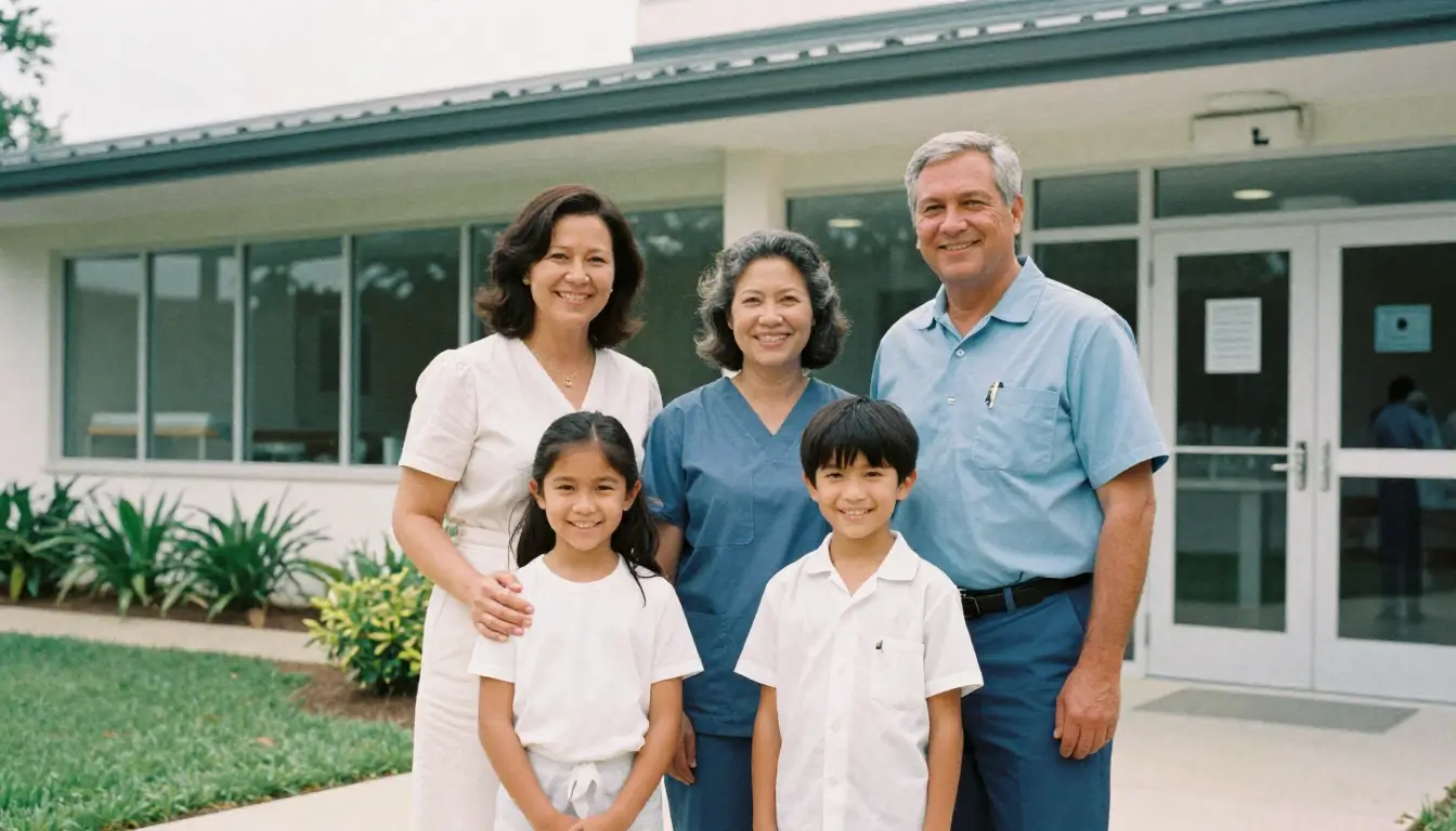 a smiling American family with children standing outside a modern medical clinic, natural daylight, professional photography,