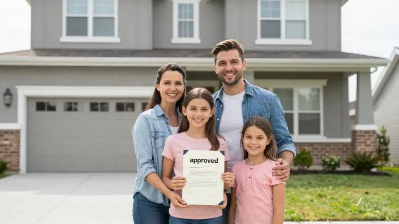 Family in front of new home with “approved” document