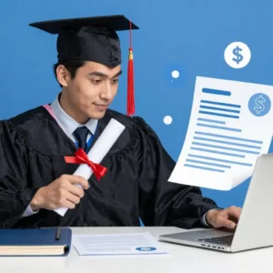 modern fintech blog hero image, young graduate holding diploma and laptop, dollar savings icons,