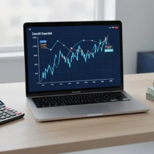 modern desk with laptop showing falling debt chart, credit cards stacked, calculator, money savings concept,