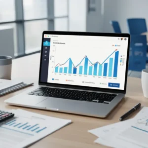 modern office desk with laptop showing business growth chart,