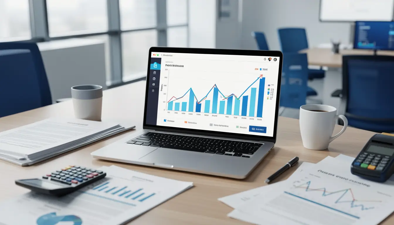 modern office desk with laptop showing business growth chart,