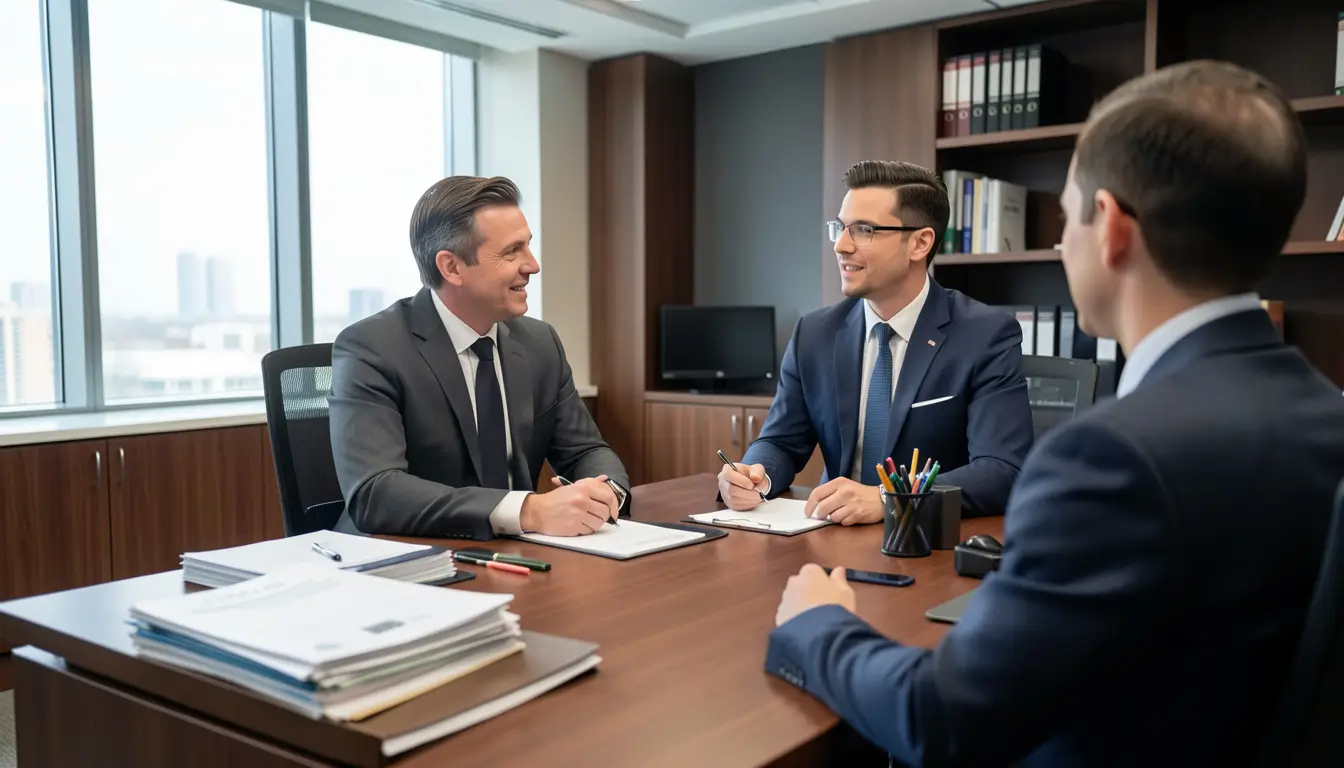 Professional courtroom scene with confident personal injury lawyer consulting client, modern office,