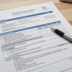 Travel insurance policy document with pen