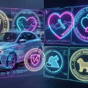 Collage showing car, health, pet insurance symbols, embedded digital policy badges, neon holographic interface