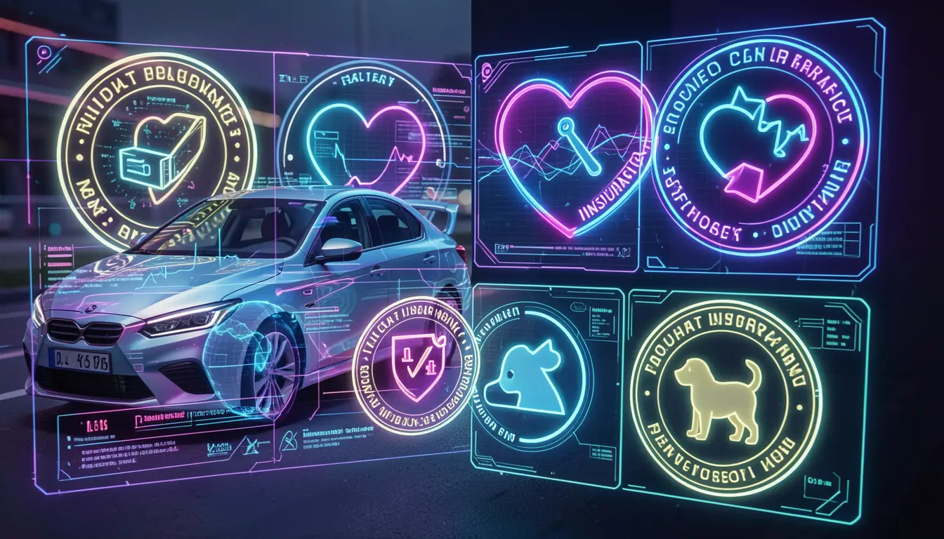Collage showing car, health, pet insurance symbols, embedded digital policy badges, neon holographic interface