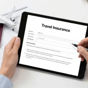 Traveler reviewing travel insurance policy on a tablet, passport and airplane model, organized paperwork and pen, bright informed mood