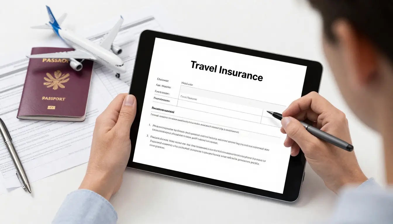 Traveler reviewing travel insurance policy on a tablet, passport and airplane model, organized paperwork and pen, bright informed mood