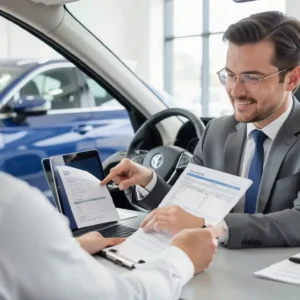 Modern driver reviewing car insurance documents with laptop and car in background, crisp clean professional lighting
