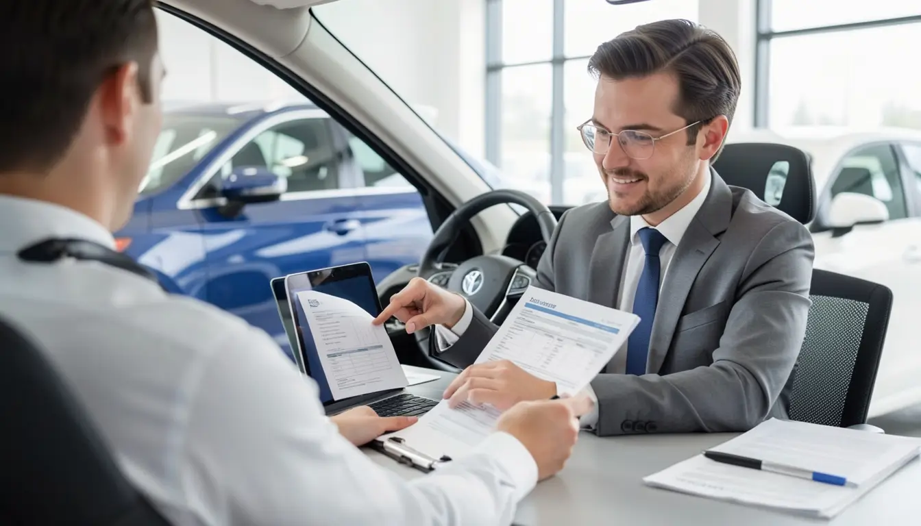 Modern driver reviewing car insurance documents with laptop and car in background, crisp clean professional lighting