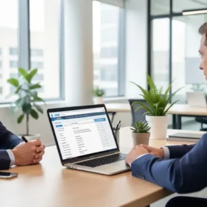 Small business owner meeting insurance advisor in modern office, laptop open displaying policy summary