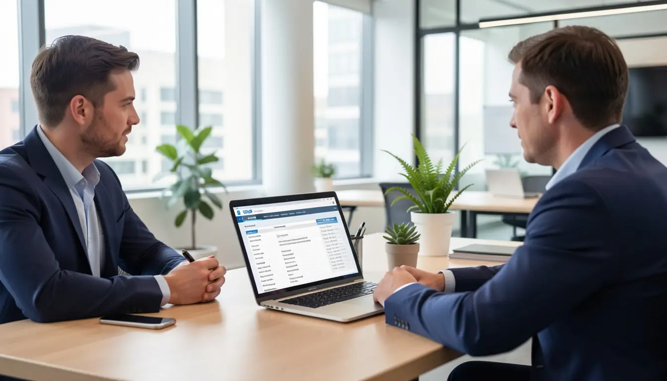 Small business owner meeting insurance advisor in modern office, laptop open displaying policy summary