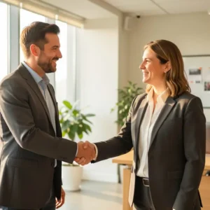 Small business owner shaking hands with insurance advisor in modern office, warm midday light, confident smiles