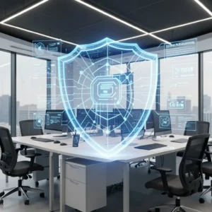 Modern office with cybersecurity shield hologram protecting digital business network