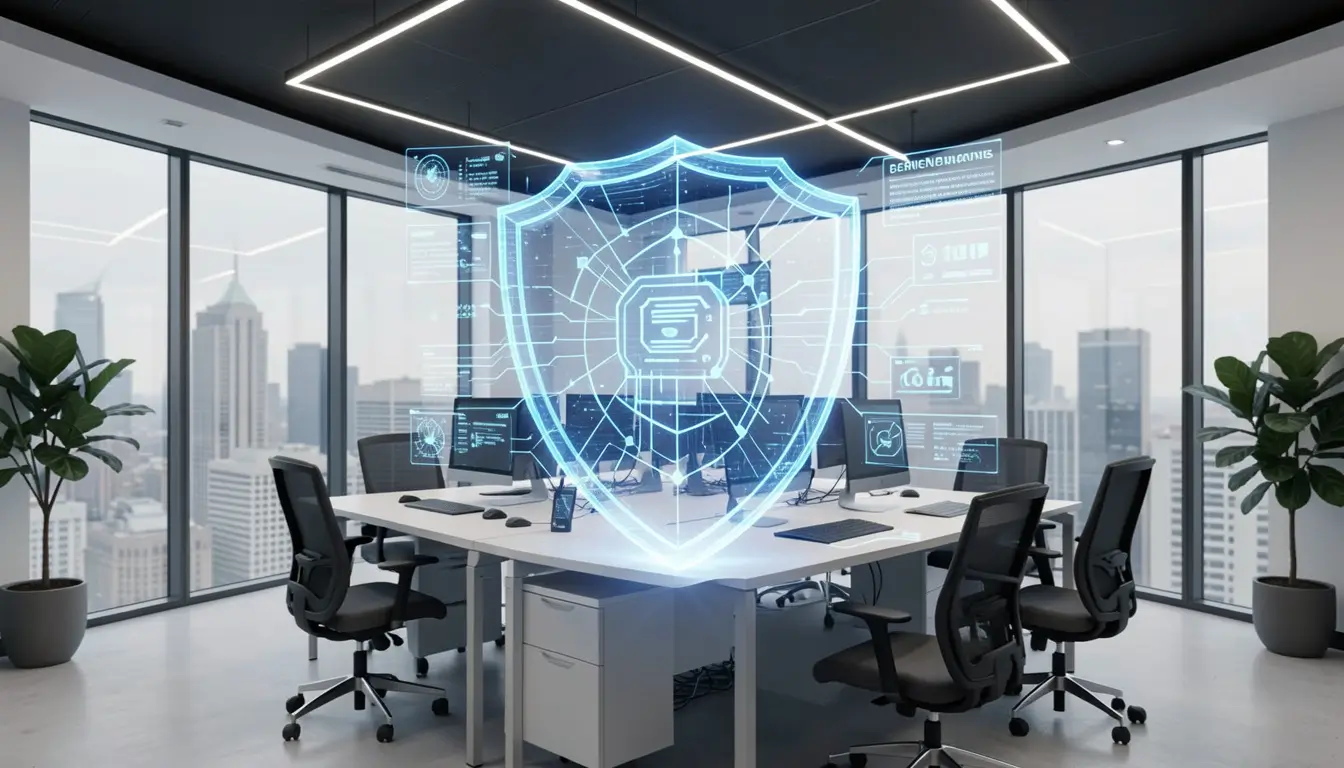 Modern office with cybersecurity shield hologram protecting digital business network