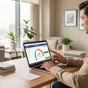 Person reviewing credit card options with a laptop and credit score gauge