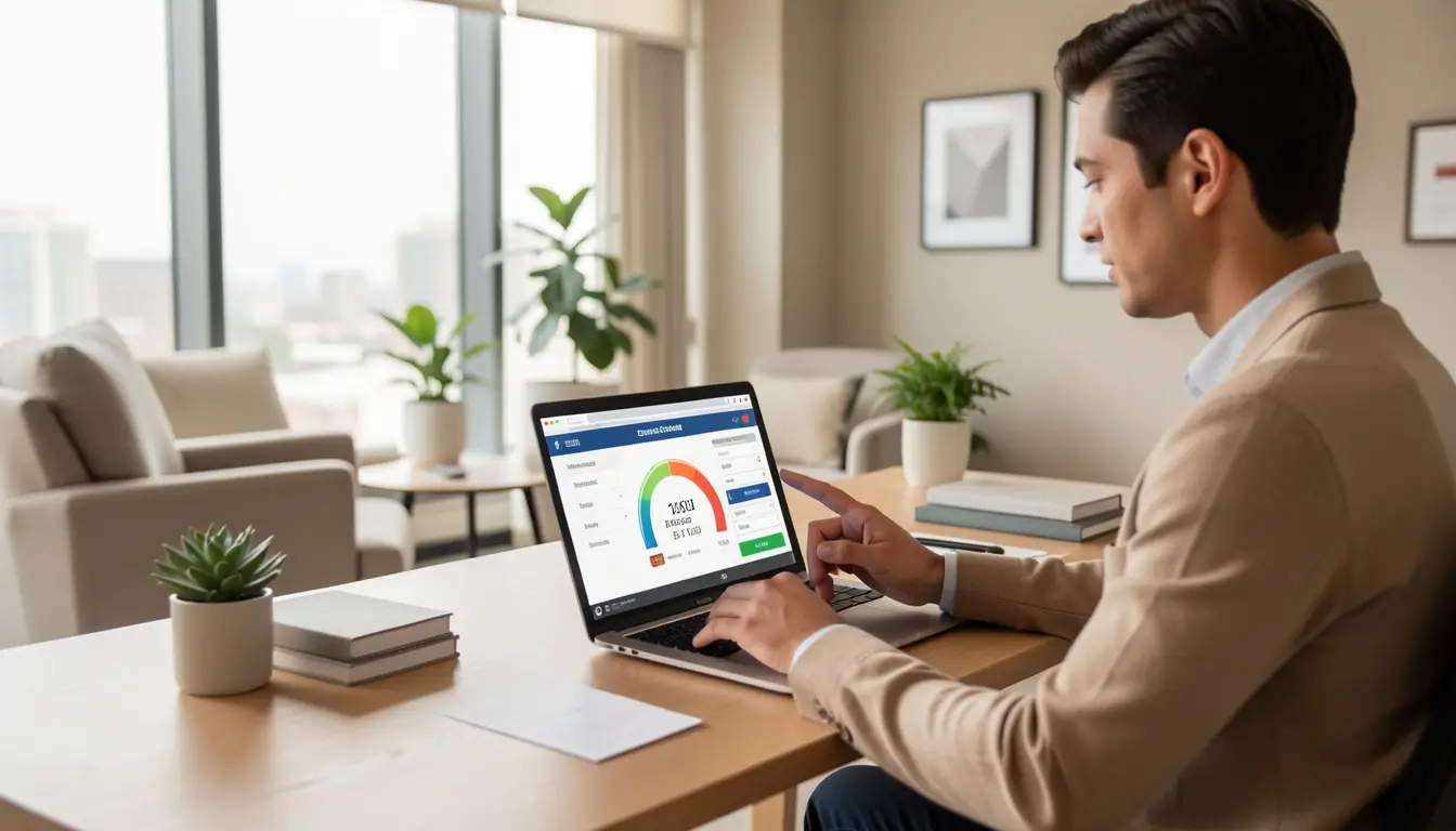Person reviewing credit card options with a laptop and credit score gauge