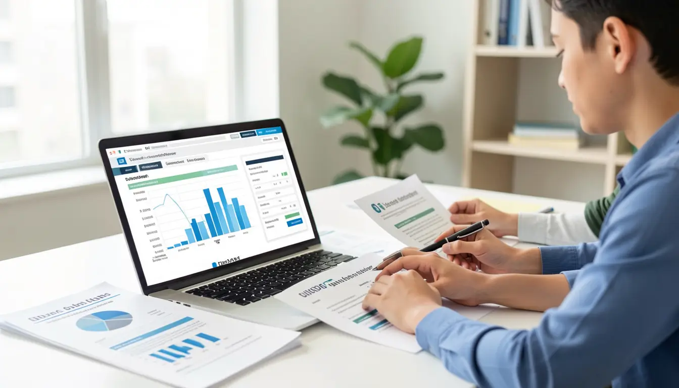 Family reviewing health insurance plans on a laptop with charts and documents