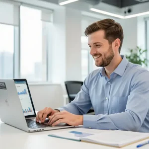 Startup founder reviewing insurance documents on a laptop in a modern office