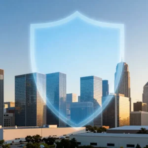 A modern commercial building skyline in the United States at sunrise