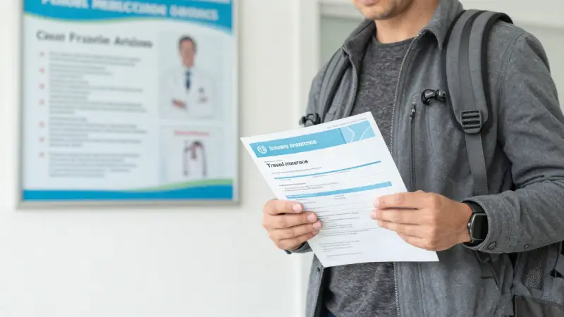 Tourist in a foreign clinic clutching travel insurance documents beside medical posters, lightweight backpack