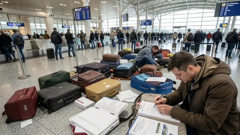 lost luggage at airport baggage claim, scattered suitcases, anxious traveler filling insurance claim forms