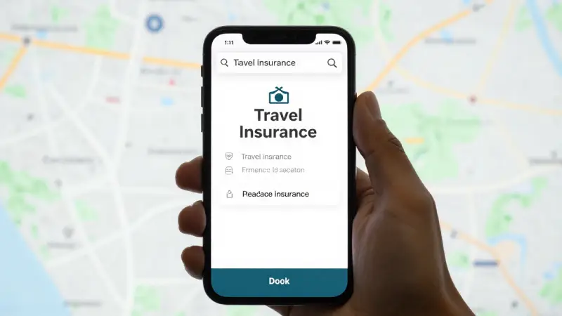 Smartphone showing travel insurance app with map background