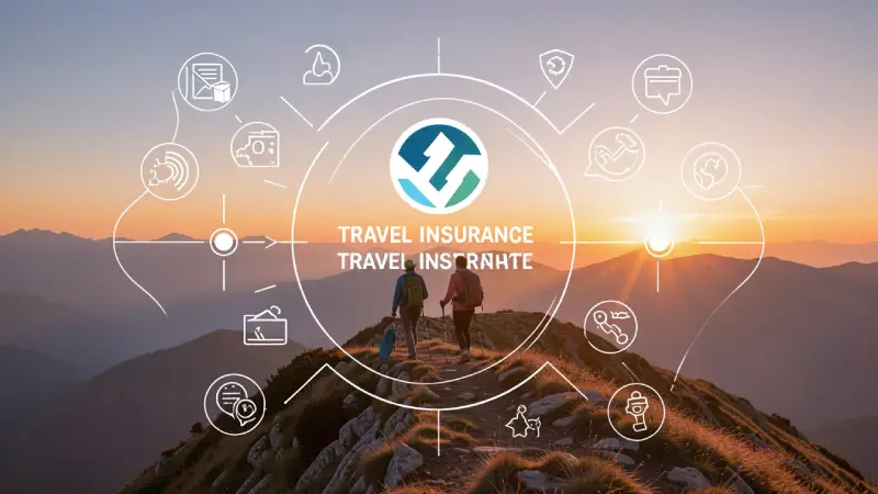 Couple hiking at sunrise on ridge, travel insurance logo on map, minimalist safety icons overlay