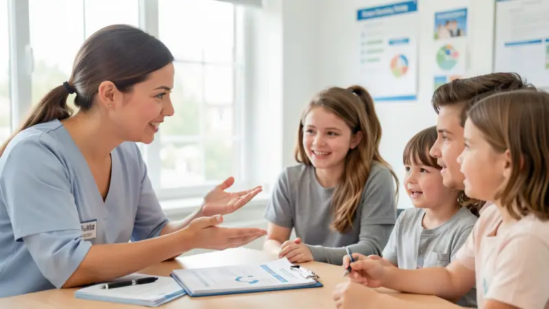 A close-up scene of a healthcare insurance advisor explaining family health insurance plans to a young family