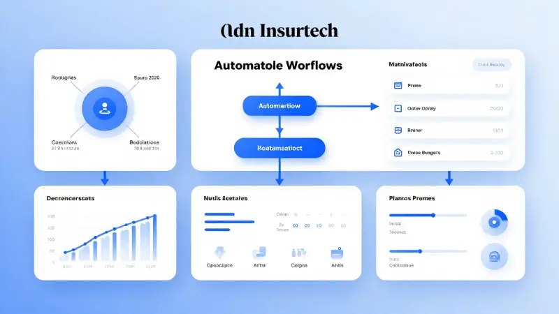 AI and insurtech graphic showing automated workflows, dashboards, and data pipelines, clean corporate mockup