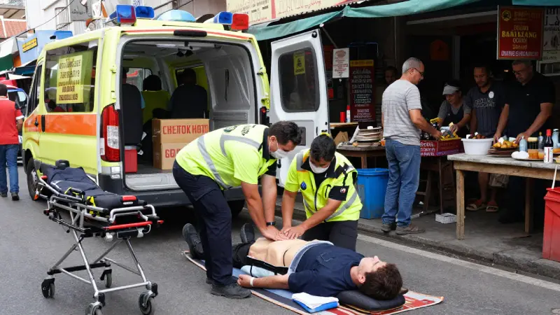 ambulance crew performing CPR on collapsed traveler in busy foreign market, stretcher ready, multilingual signs