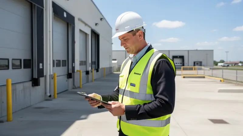 Business owner inspecting commercial property, hardhat and safety vest, focused posture, concrete loading dock