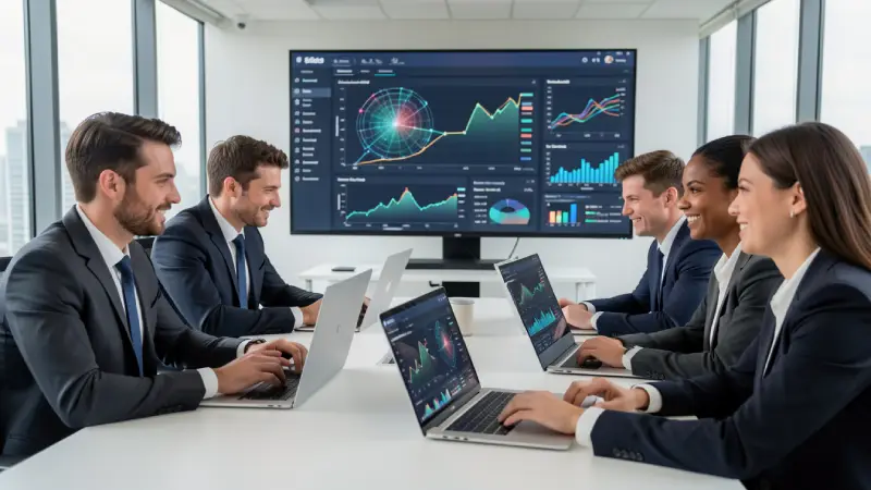 business team analyzing cyber threat dashboard, diverse professionals, sleek laptops, real-time graphs visible