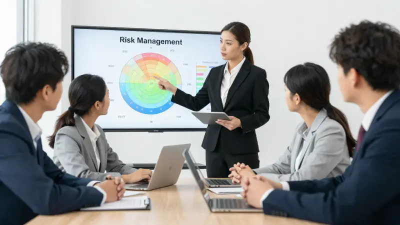 business team discussing risk management with a facilitator pointing to a risk heatmap on a tablet, collaborative posture