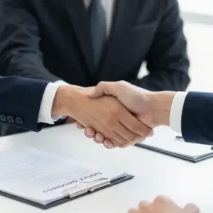 Commercial building owner meeting insurance advisor in modern office