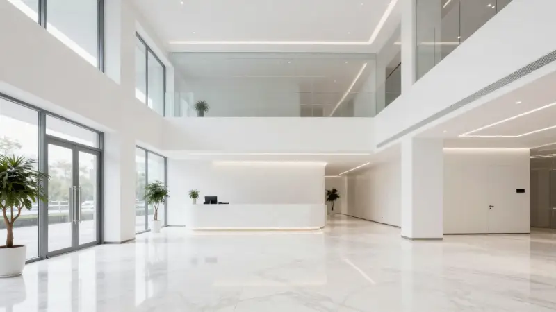 clean corporate aesthetic, minimal white lobby with glass accents and sleek marble floor