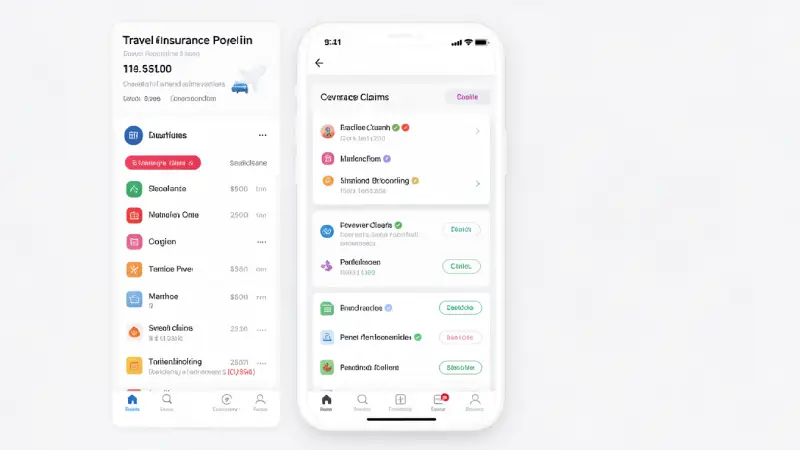 Digital app screen displaying travel insurance policy details, coverage breakdown, and pending claims list, flat icons
