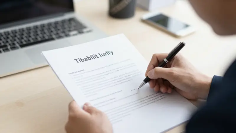 entrepreneur examining liability insurance documents, pen poised for signature, tidy office background