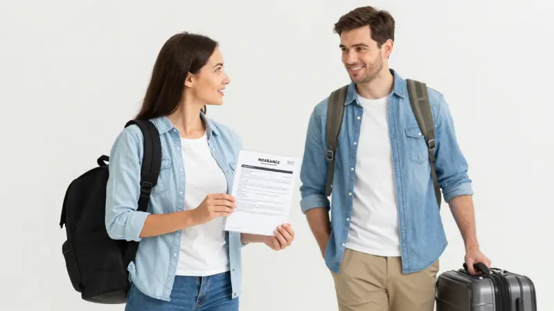 Family traveling with insurance documents, mother showing laminated policy, father carrying carry-on suitcase