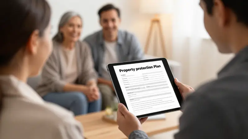 Insurance agent presenting property protection plan with a tablet showing policy details, engaged homeowners, warm indoor light