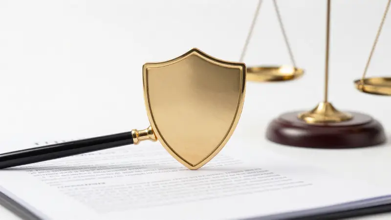Legal protection for companies: gold shield clasping a contract, legal scales, crisp studio-shot composition