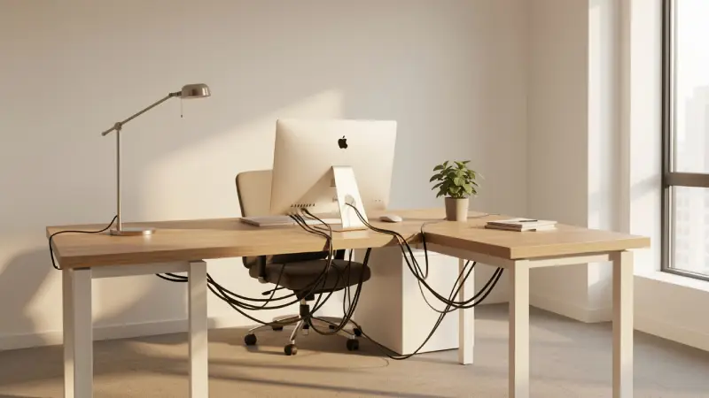 modern office environment, minimalist workstation with cable management and warm natural light