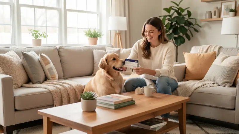 Owner and dog celebrating with insurance card on coffee table, relaxed home setting, comfortable furnishings