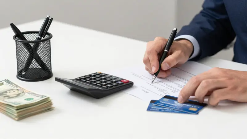 person managing credit card debt with calculator