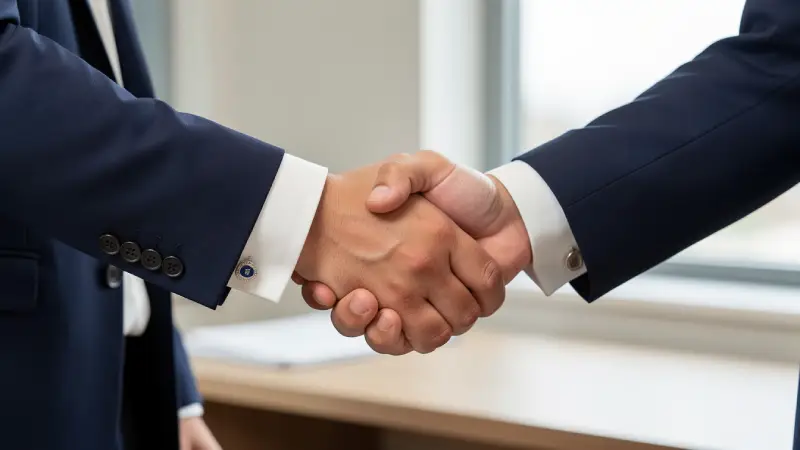 professional handshake between entrepreneur and insurer, close-up of hands, visible cufflinks, neutral office tones