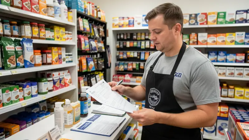Retail shop owner reviewing insurance paperwork wearing apron, store products visible on nearby shelves