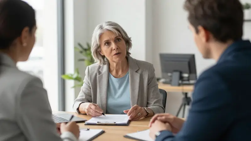 Senior woman discussing Medicare Advantage plan with advisor in modern office, attentive expressions, warm daylight